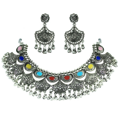 JFL - Jewellery for Less Navratri Special Oxidised Silver Plated Multicolor Stone Necklac Set for Women & Girls – Statement Necklace, Earrings, Maang Tikka & Multicolor Beaded Bracelet Combo
