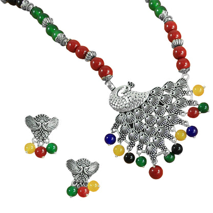 JFL – Jewellery for Less Oxidised Silver Peacock Pendant Jewelry Set for Women | Maroon Green Black Beaded Necklace, Earrings | Ethnic Navratri, Garba