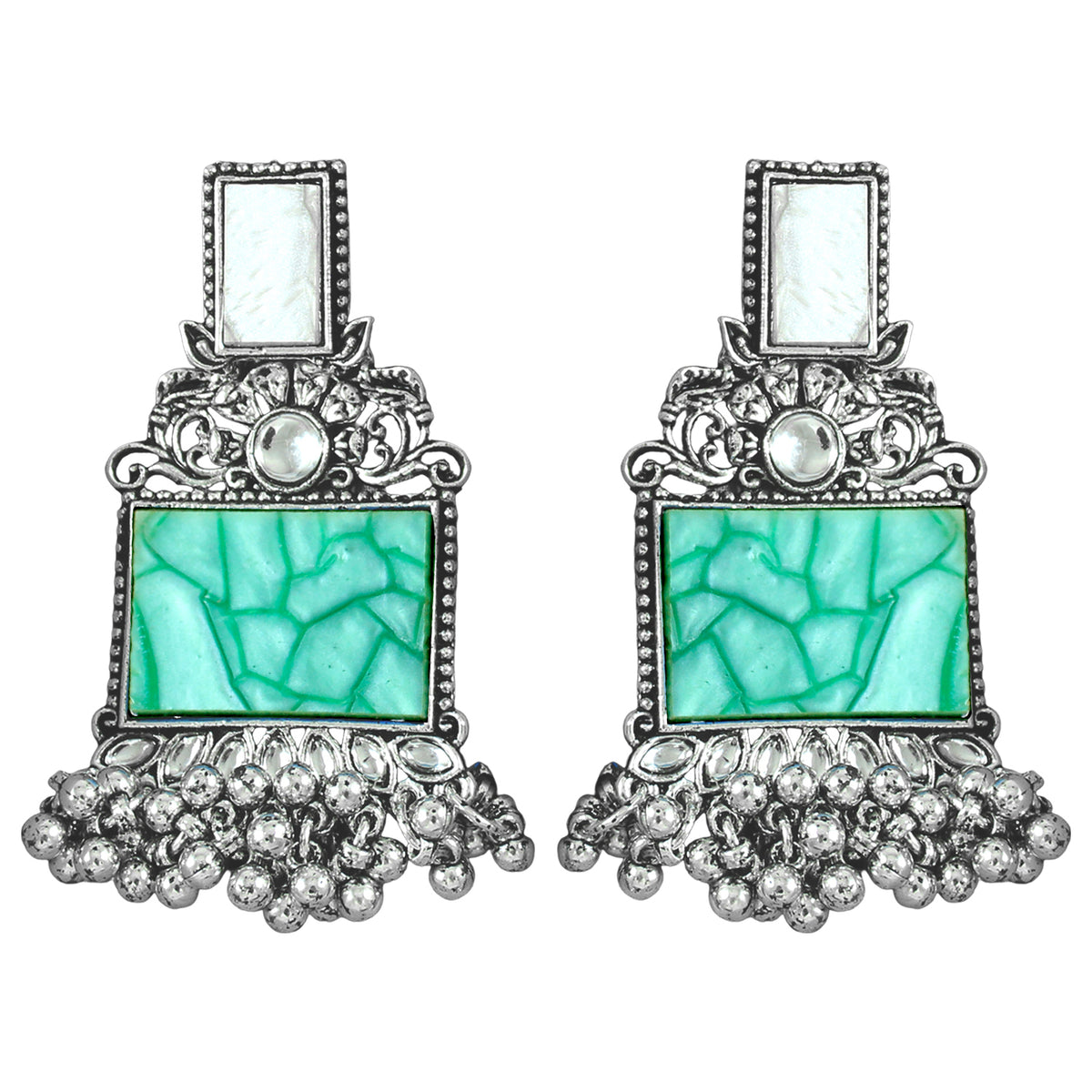 JFL - Jewellery for Less Navratri Special Combo of Oxidised Acrylic Mother of Pearl and Kundan Studded Statement Earrings with Ghungroo Bracelet for Women & Girls. (Green)