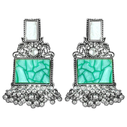 JFL - Jewellery for Less Navratri Special Combo of Oxidised Acrylic Mother of Pearl and Kundan Studded Statement Earrings with Ghungroo Bracelet for Women & Girls. (Green)