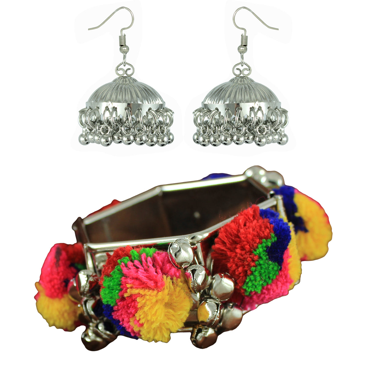 JFL - Jewellery for Less Navratri Special Oxidised Silver Jhumka Earrings with Colorful Pom-Pom Bracelet Set for Women & Girls