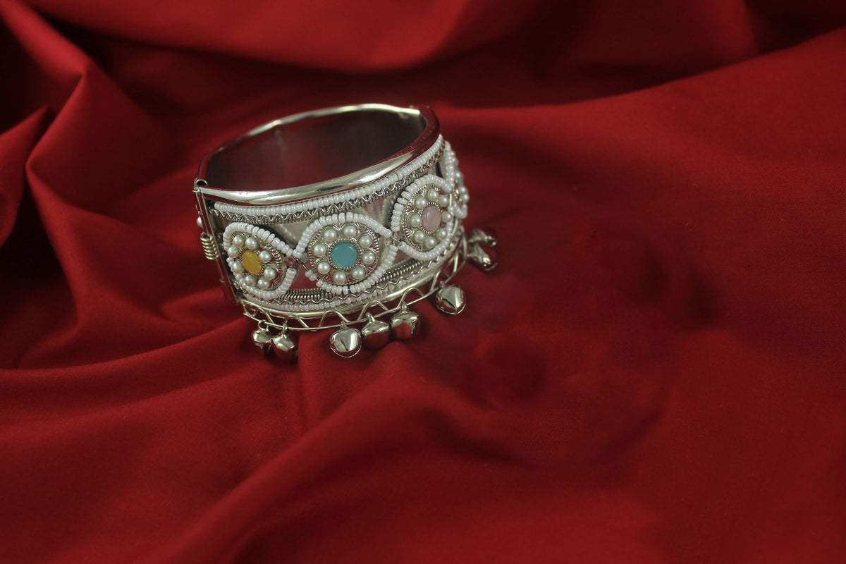 JFL - Jewellery for Less Navratri Special Oxidised Silver Kada Bracelet for Women & Girls--Colorful Stone & Ghungroo