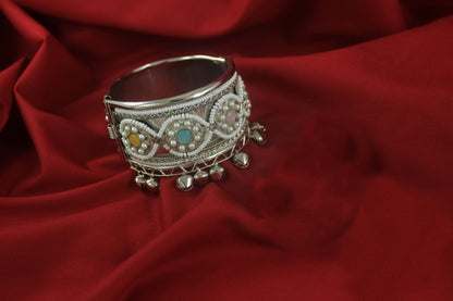 JFL - Jewellery for Less Navratri Special Oxidised Silver Kada Bracelet for Women & Girls--Colorful Stone & Ghungroo