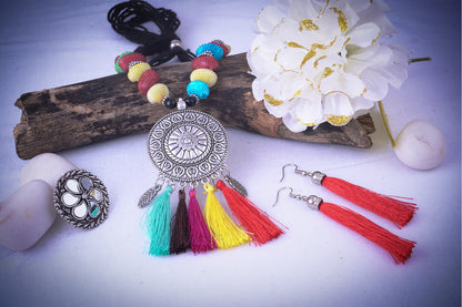 JFL - Jewellery for Less Combo Fancy Oxidised Silver Plated Multi Colour Tassel and Mussels Shell Necklace Set with Mirror Work Adjustable Finger Ring Women & Girls.(Navratri Special)