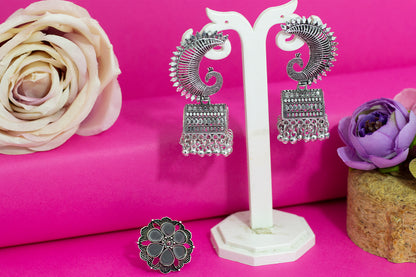 JFL - Jewellery for Less Combo Traditional Antique Oxidised Silver Plated Peacock Design Jhumki Earring with Floral Design Mirror Work Adjustable Finger Ring Women & Girls.(Navratri Special)