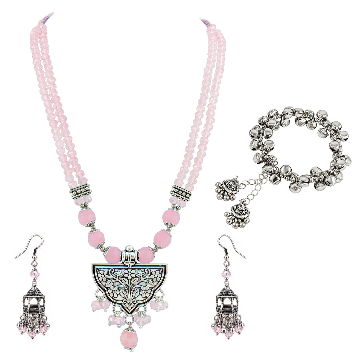 JFL - Jewellery for Less Navratri Necklace Set with Bracelet for Women | German Silver Oxidised Jewellery | Floral Pendant with Blush Pink Beads & Sunflower Earrings | Traditional Ethnic Necklace Set for Garba, Dandiya & Festive