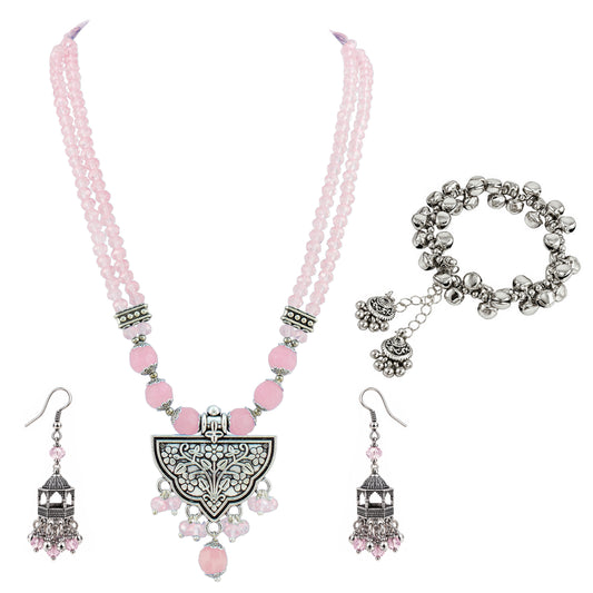 JFL - Jewellery for Less Navratri Necklace Set with Bracelet for Women | German Silver Oxidised Jewellery | Floral Pendant with Blush Pink Beads & Sunflower Earrings | Traditional Ethnic Necklace Set for Garba, Dandiya & Festive