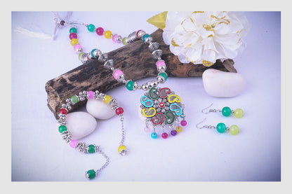 JFL - Jewellery for Less Combo Stylish Oxidised Silver Plated Floral Pendant Multi Colour Beaded Necklace Set with Bracelet for Women and Girls.(Navratri Special)