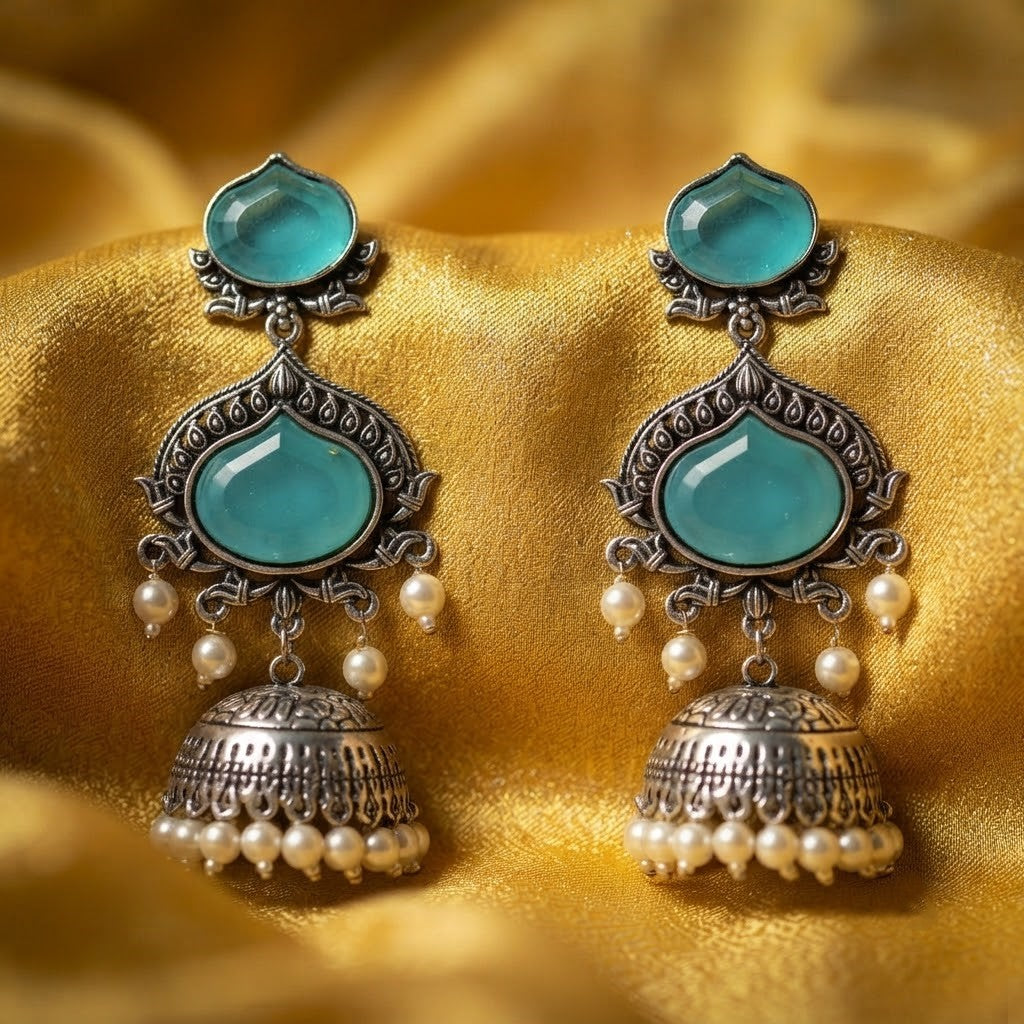 JFL - Jewellery for Less Oxidized Silver-Toned Jhumka Earrings with Sky Blue Stone and Pearl Drops – Traditional Ethnic Jewellery for Women