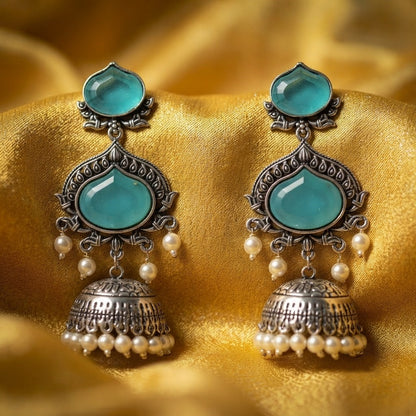 JFL - Jewellery for Less Oxidized Silver-Toned Jhumka Earrings with Sky Blue Stone and Pearl Drops – Traditional Ethnic Jewellery for Women