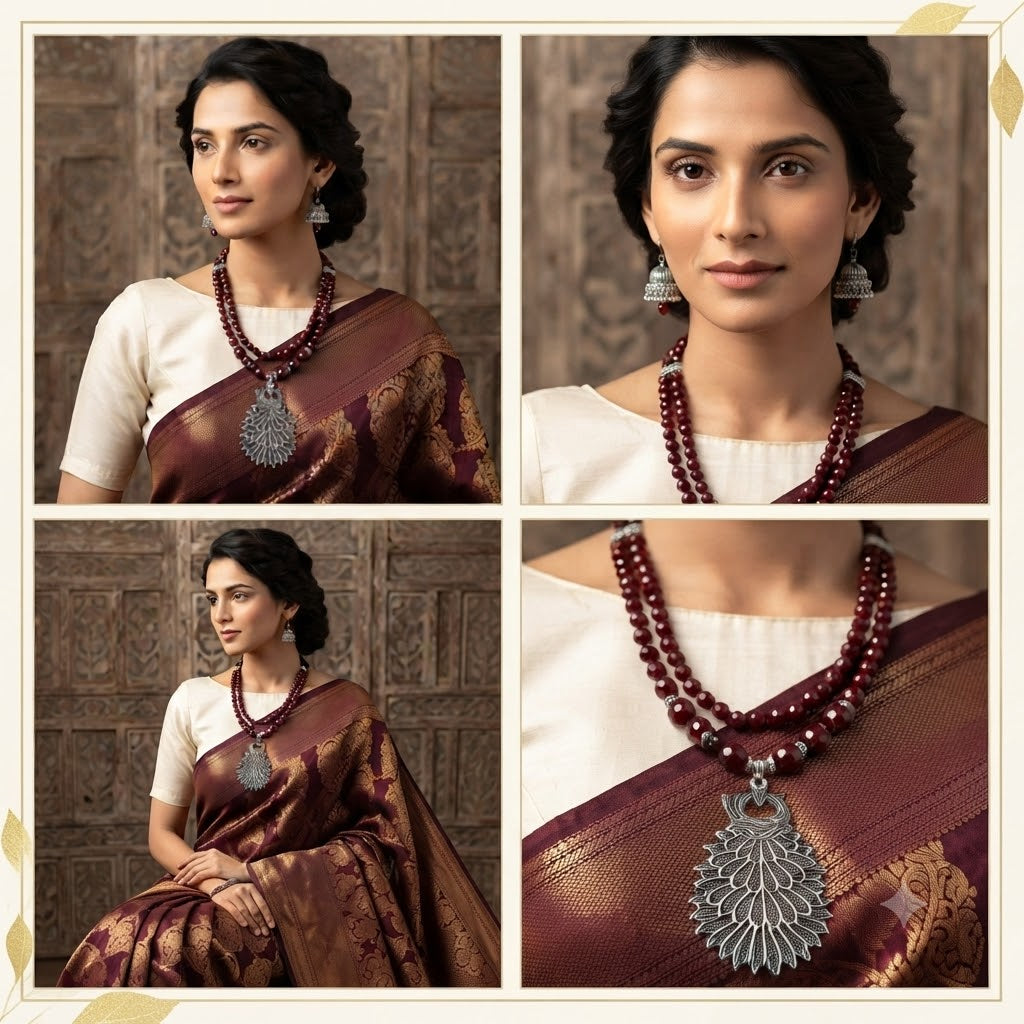 JFL - Jewellery for Less Maroon Beaded Double Layer Necklace Set with Oxidized Peacock Pendant & Matching Jhumkas – Ethnic Jewellery Set for Women