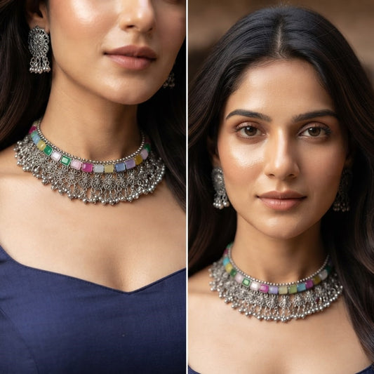 JFL - Jewellery for Less Oxidized German Silver Choker Necklace Set with Earrings – Heavy Floral Multicolor Stone Jewellery Set for Women & Girls, Traditional Bridal Ethnic Combo