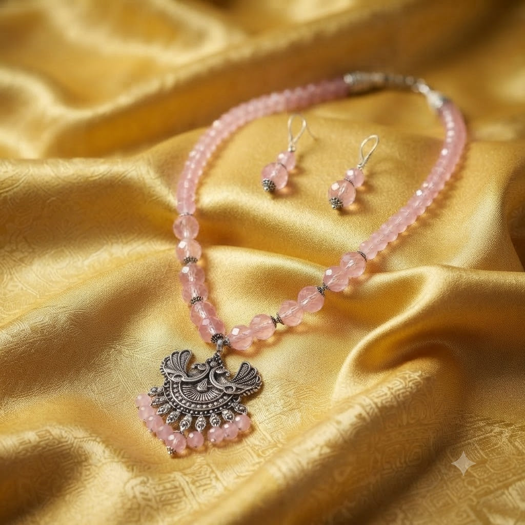 JFL - Jewellery for Less Oxidized German Silver Twin Peacock Pendant Pink Crystal Beads Necklace with Earrings Set for Women | Antique Silver Design Jewellery Set | Navratri Special Traditional Jewellery