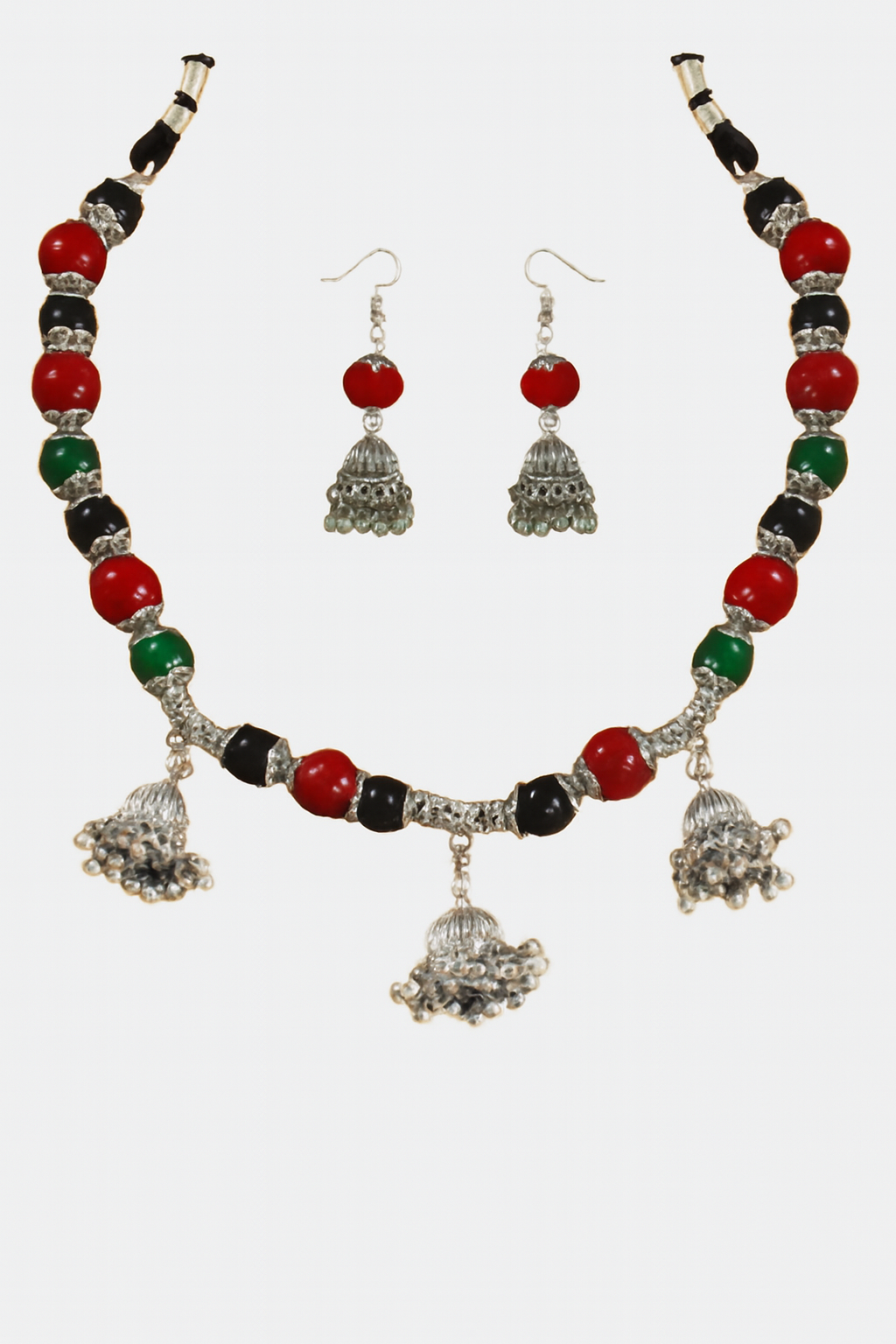 JFL-Jewellery for Less Maroon Green & Black Necklace Earrings Bracelet Set with Oxidised Silver Beads & Jhumka Danglers – Traditional Jewellery for Women & Girls, Navratri, Garba