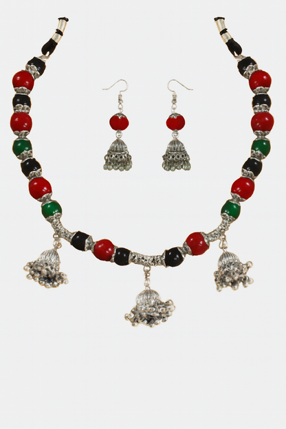 JFL-Jewellery for Less Maroon Green & Black Necklace Earrings Bracelet Set with Oxidised Silver Beads & Jhumka Danglers – Traditional Jewellery for Women & Girls, Navratri, Garba