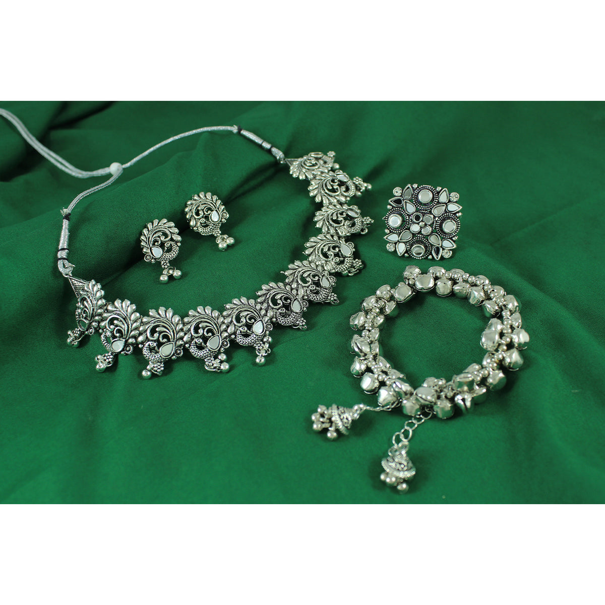 JFL - Jewellery for Less Navratri Special Oxidised Silver Jewellery Set – Peacock Necklace, Earrings, Ghungroo Bracelet & Adjustable Finger Ring | Traditional Festive Jewellery for Women & Girls.