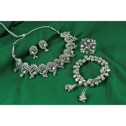JFL - Jewellery for Less Navratri Special Oxidised Silver Jewellery Set – Peacock Necklace, Earrings, Ghungroo Bracelet & Adjustable Finger Ring | Traditional Festive Jewellery for Women & Girls.