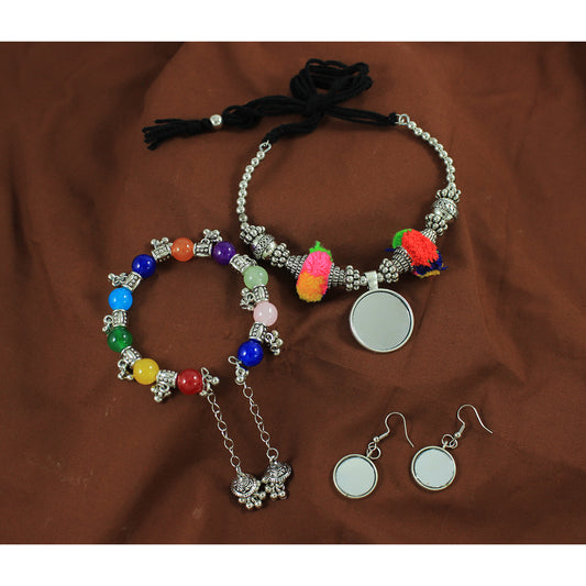 JFL - Jewellery for Less Combo Multicolor Oxidised Silver Plated Mirror Work,Pom-Pom and Ghungroo Necklace Set with Adjustable Bracelet Women & Girls.(Navratri Special)