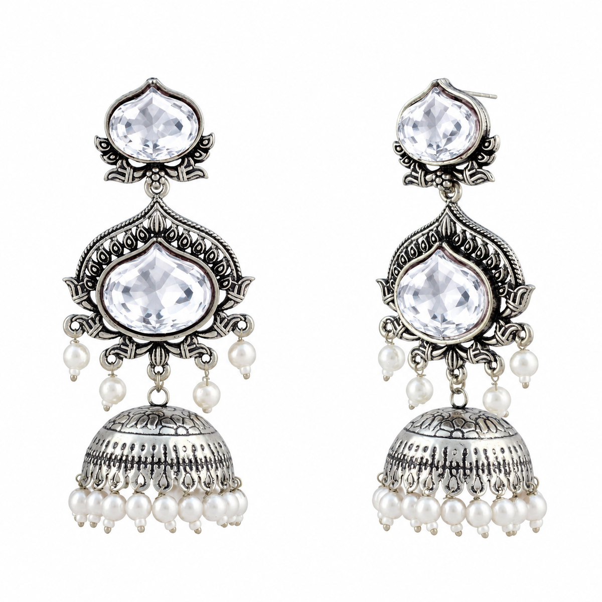JFL - Jewellery for Less Oxidized Silver-Toned Jhumka Earrings with White Stone and Pearl Drops – Traditional Ethnic Jewellery for Women
