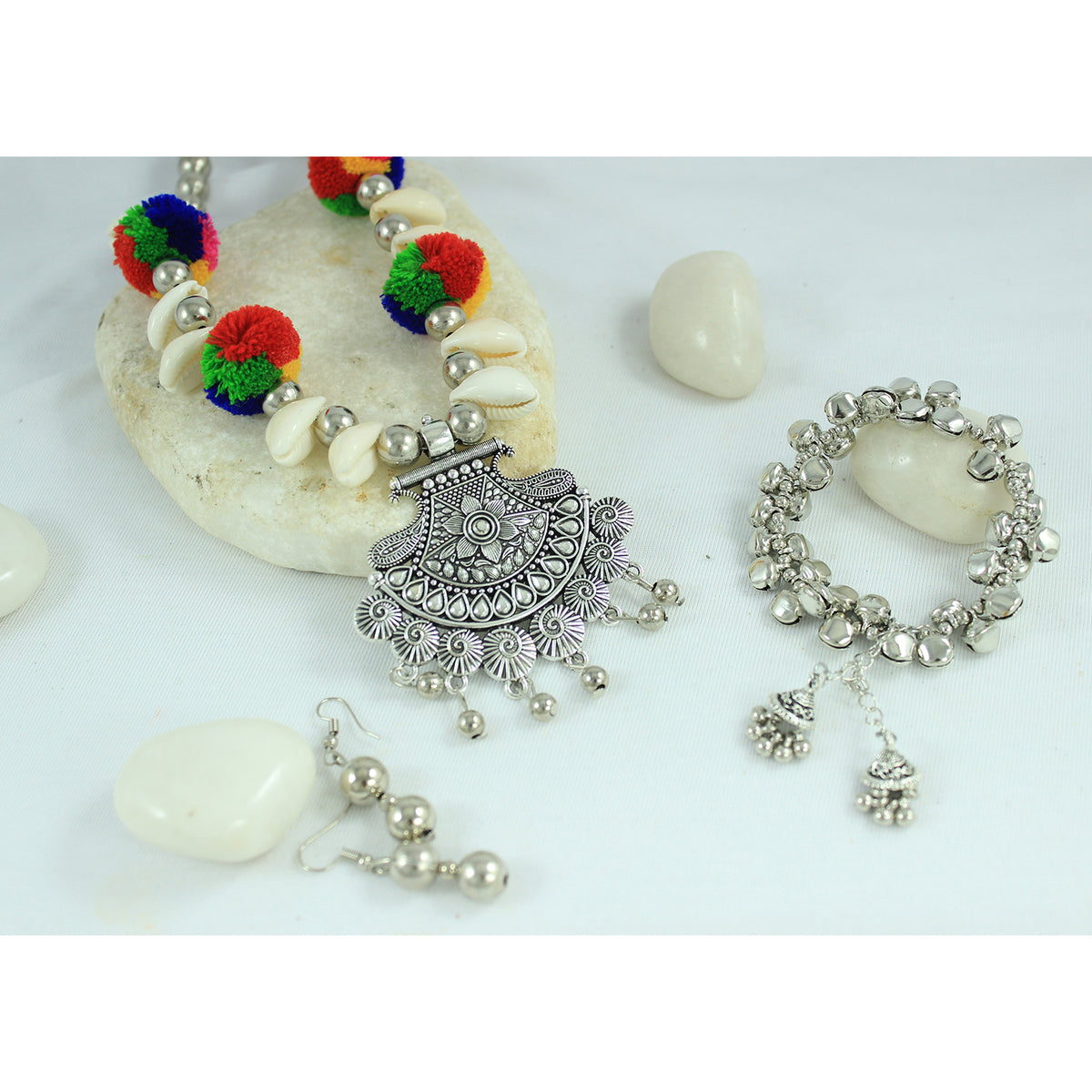 JFL - Jewellery for Less Oxidised Necklace Earrings Bracelet Set with Shell Beads, Multicolour Pom‑Poms & Charm Accents – Traditional Jewellery for Women & Girls – Navratri, Garba, Wedding & Party Use