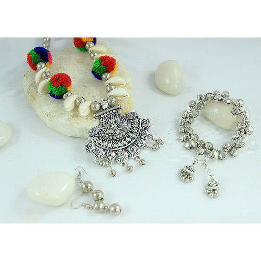 JFL - Jewellery for Less Oxidised Necklace Earrings Bracelet Set with Shell Beads, Multicolour Pom‑Poms & Charm Accents – Traditional Jewellery for Women & Girls – Navratri, Garba, Wedding & Party Use