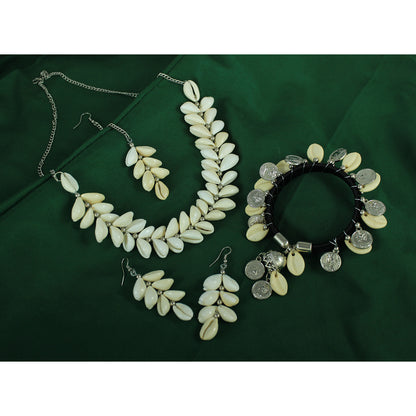 JFL - Jewellery for Less Handcrafted Seashell Necklace, Earrings, Maang Tikka & Kada Combo – Beach-Inspired for Women & Girls-Navratri Spical