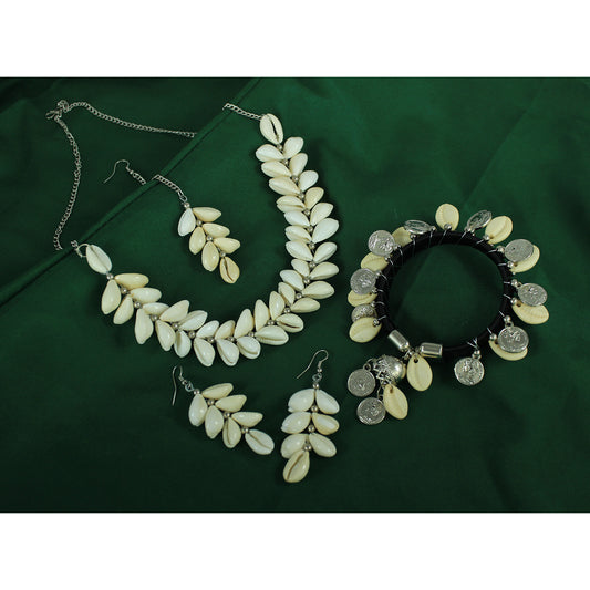 JFL - Jewellery for Less Handcrafted Seashell Necklace, Earrings, Maang Tikka & Kada Combo – Beach-Inspired for Women & Girls-Navratri Spical