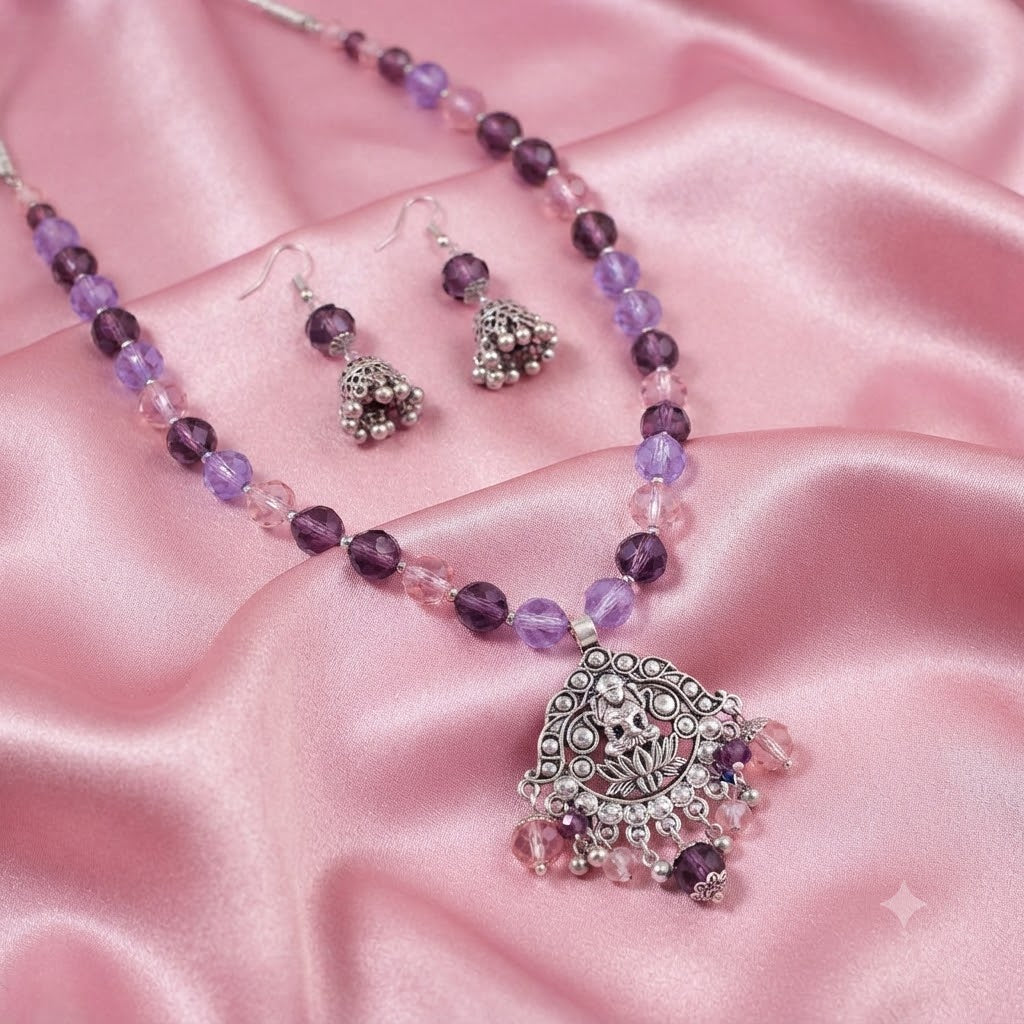 JFL - Jewellery for Less Oxidized Silver Lakshmi Pendant Beaded Necklace Earrings Set – Purple Lavender Peach Crystal Beads Jhumka Earring Jewellery Set for Women & Girls