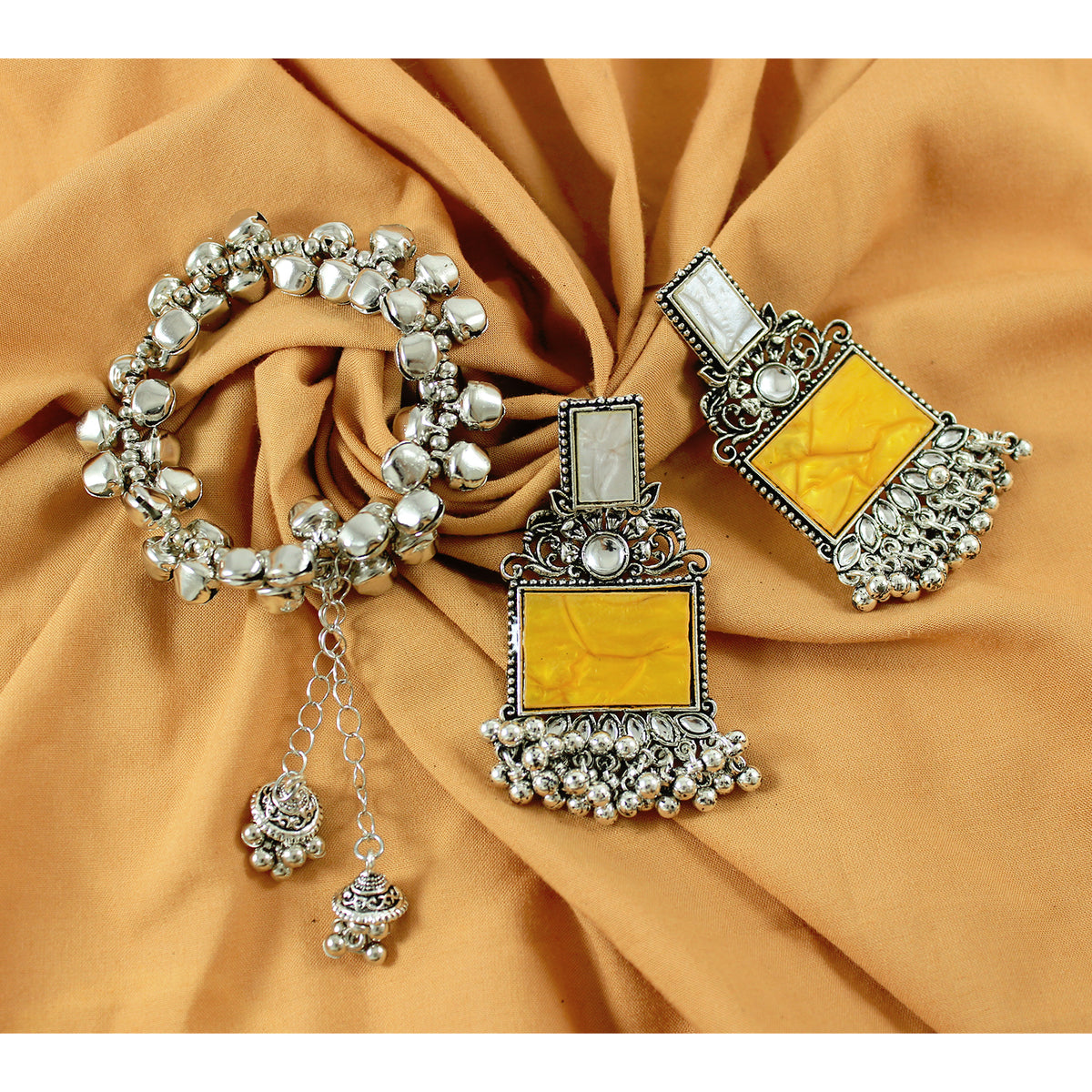 JFL - Jewellery for Less Navratri Special Combo of Oxidised Acrylic Mother of Pearl and Kundan Studded Statement Earrings with Ghungroo Bracelet for Women & Girls. (Yellow)