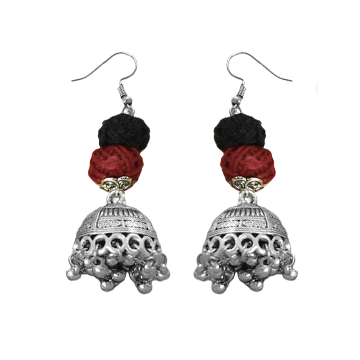 JFL-Jewellery for Less Maroon & Black Cotton Thread Necklace Set with Oxidised Silver Circular Pendant, Ghungroo Danglers & 2 Earring Pairs (Jhumka & Beaded) – Women & Girls, Navratri, Garba