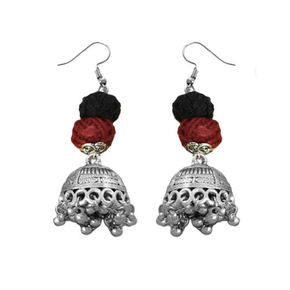 JFL-Jewellery for Less Maroon & Black Cotton Thread Necklace Set with Oxidised Silver Circular Pendant, Ghungroo Danglers & 2 Earring Pairs (Jhumka & Beaded) – Women & Girls, Navratri, Garba