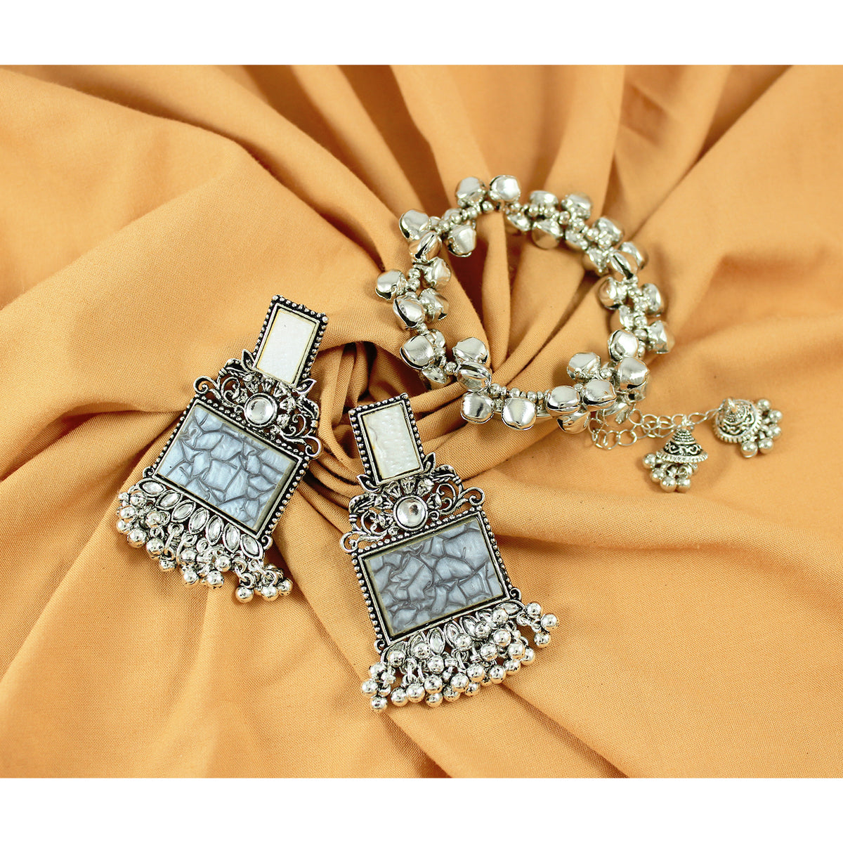 JFL - Jewellery for Less Navratri Special Combo of Oxidised Acrylic Mother of Pearl and Kundan Studded Statement Earrings with Ghungroo Bracelet for Women & Girls. (Grey)