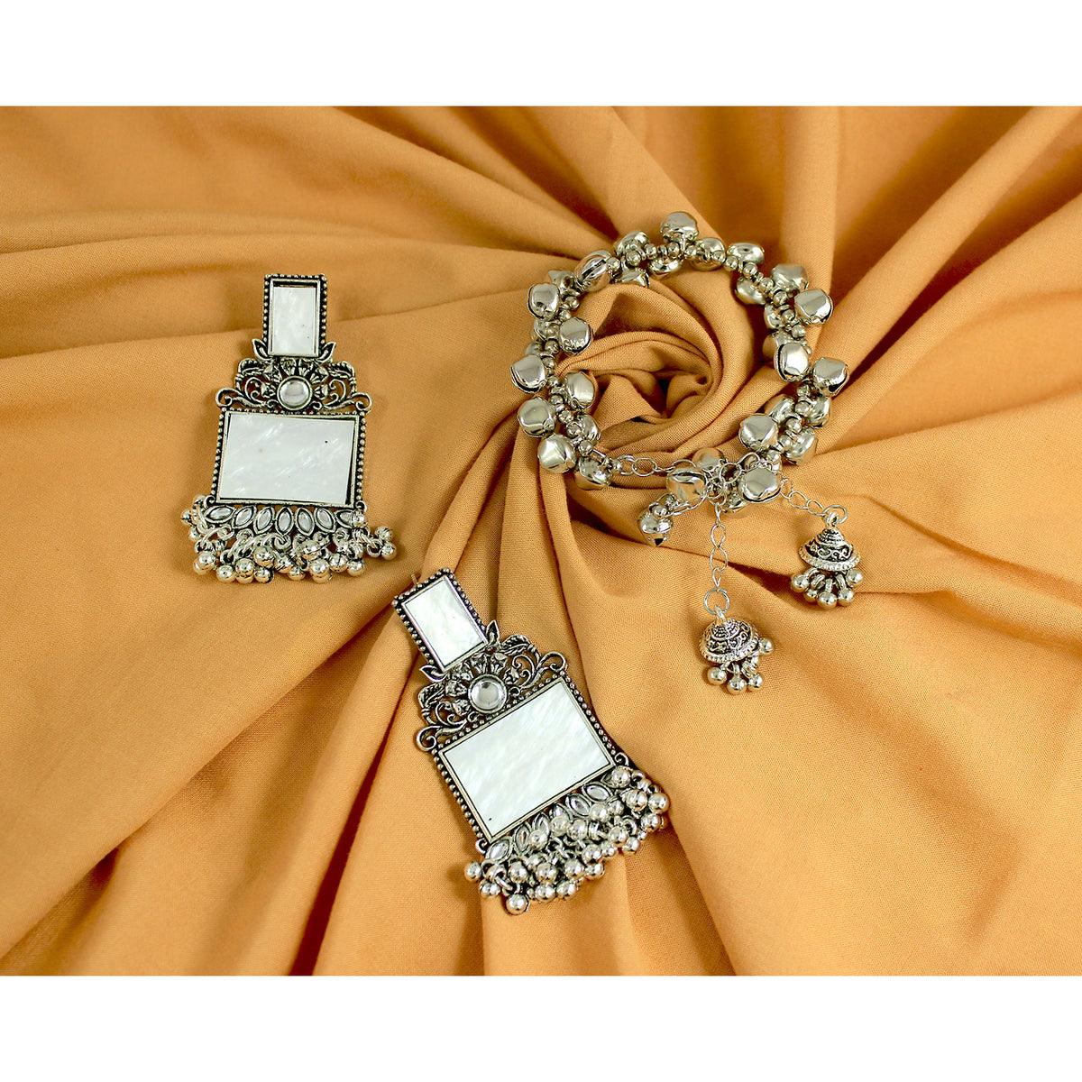 JFL - Jewellery for Less Navratri Special Combo of Oxidised Acrylic Mother of Pearl and Kundan Studded Statement Earrings with Ghungroo Bracelet for Women & Girls. (White)
