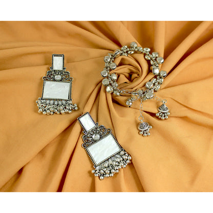 JFL - Jewellery for Less Navratri Special Combo of Oxidised Acrylic Mother of Pearl and Kundan Studded Statement Earrings with Ghungroo Bracelet for Women & Girls. (White)
