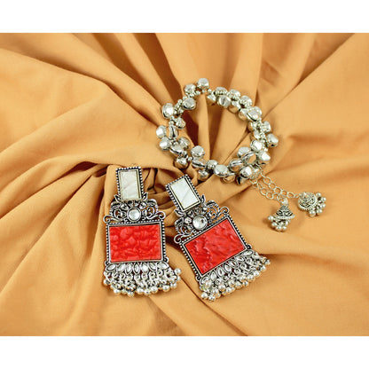 FL - Jewellery for Less Navratri Special Combo of Oxidised Acrylic Mother of Pearl and Kundan Studded Statement Earrings with Ghungroo Bracelet for Women & Girls. (Bold Red)