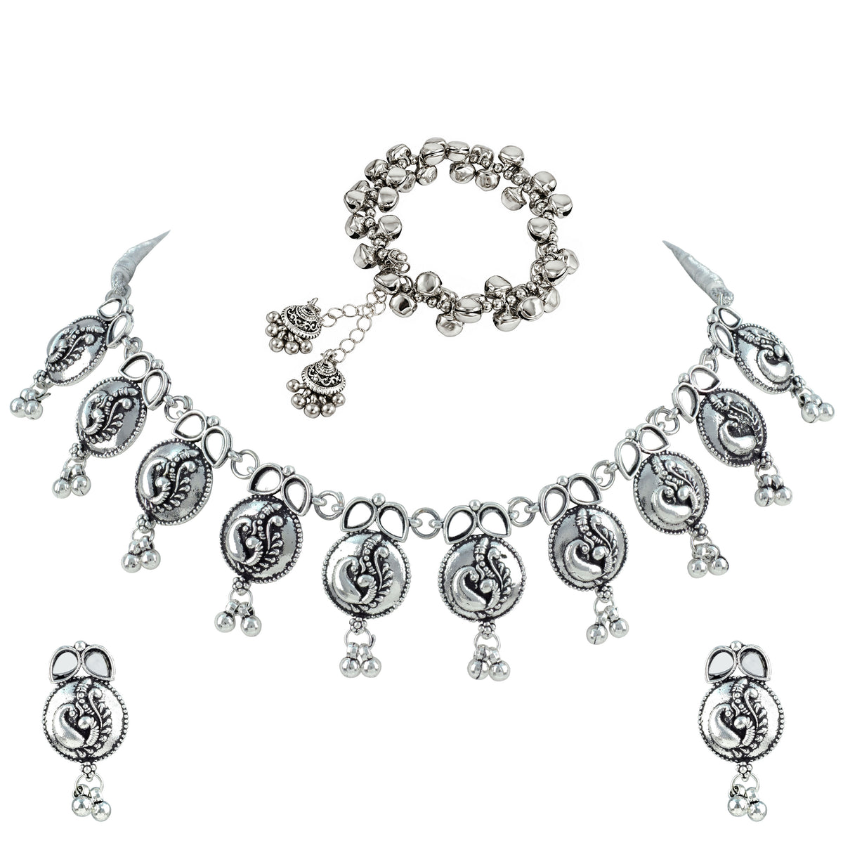 JFL - Jewellery for Less Oxidized German Silver Necklace and Bracelet Set with Mirror Stone Drops – Peacock Design Antique Silver Choker Jewellery Set for Women & Girls, Traditional Ethnic Wear