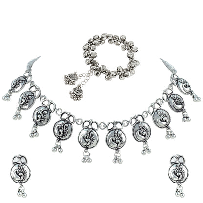 JFL - Jewellery for Less Oxidized German Silver Necklace and Bracelet Set with Mirror Stone Drops – Peacock Design Antique Silver Choker Jewellery Set for Women & Girls, Traditional Ethnic Wear