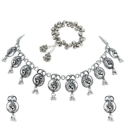 JFL - Jewellery for Less Oxidized German Silver Necklace and Bracelet Set with Mirror Stone Drops – Peacock Design Antique Silver Choker Jewellery Set for Women & Girls, Traditional Ethnic Wear