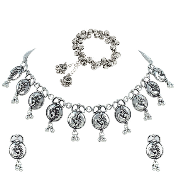 JFL - Jewellery for Less Oxidized German Silver Necklace and Bracelet Set with Mirror Stone Drops – Peacock Design Antique Silver Choker Jewellery Set for Women & Girls, Traditional Ethnic Wear