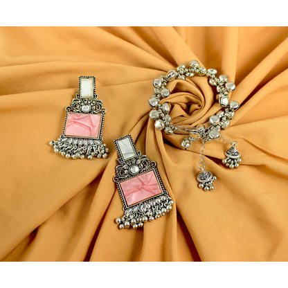 JFL - Jewellery for Less Navratri Special Combo of Oxidised Acrylic Mother of Pearl and Kundan Studded Statement Earrings with Ghungroo Bracelet for Women & Girls. (Peach)