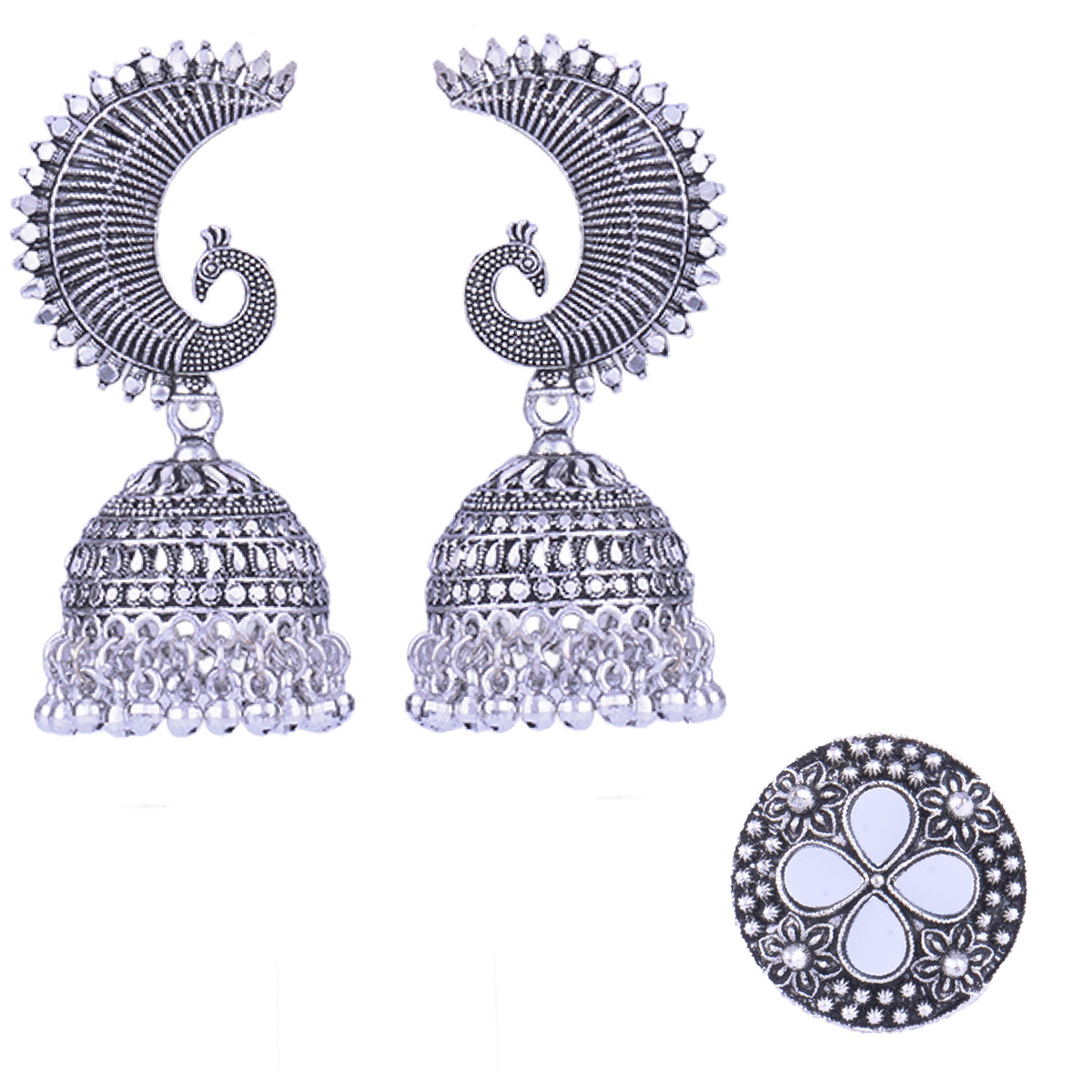 JFL - Jewellery for Less Combo Stylish Antique Oxidised Silver Plated Peacock Design Jhumki Earring with Floral Design Mirror Work Adjustable Finger Ring Women & Girls.(Navratri Special)