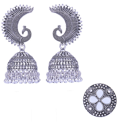 JFL - Jewellery for Less Combo Stylish Antique Oxidised Silver Plated Peacock Design Jhumki Earring with Floral Design Mirror Work Adjustable Finger Ring Women & Girls.(Navratri Special)