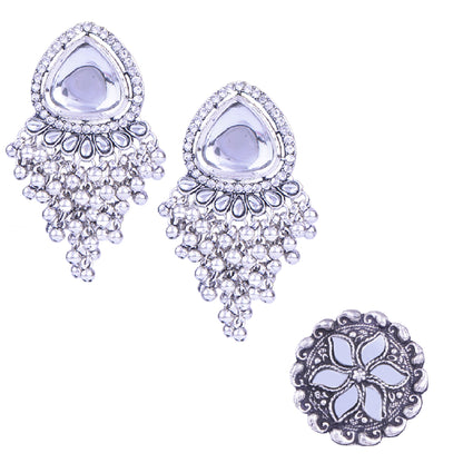 JFL - Jewellery for Less Combo Oxidised Silver Plated White Kundan & Ghungroo Drop Design Earring with Mirror Work Adjustable Finger Ring Women and Girls.(Navratri Special)