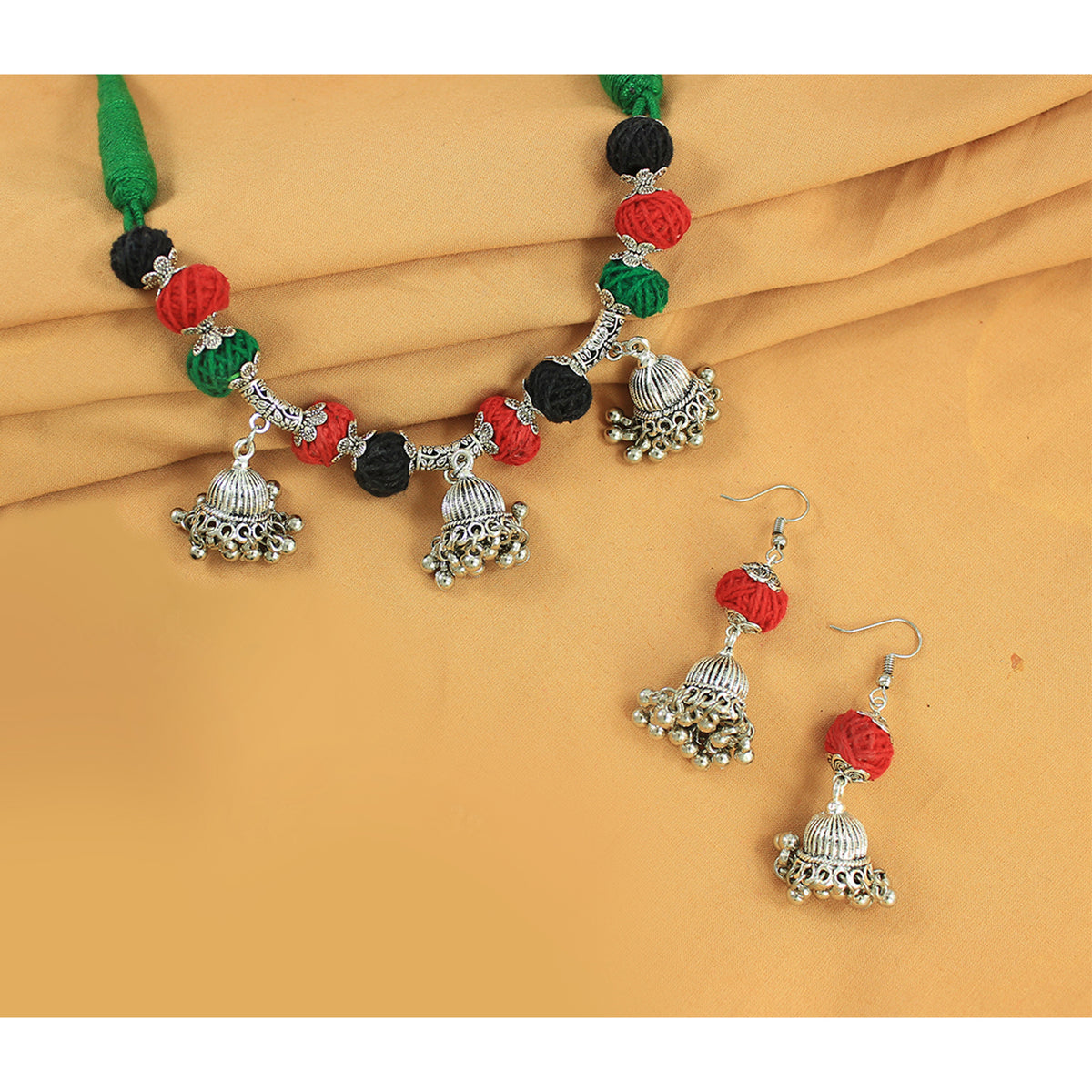JFL-Jewellery for Less Red, Green & Black Cotton Thread Jewellery Set – Necklace, Earrings with Oxidised Silver Dome‑Shaped Jhumka Pendants & Bead Drops – Women & Girls – Navratri, Garba