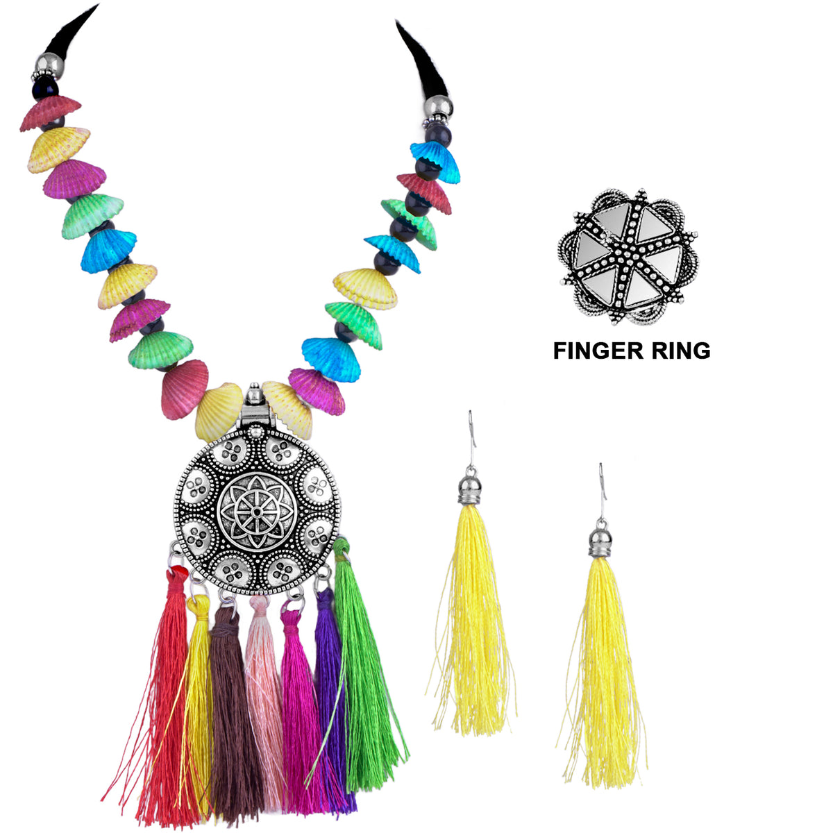 JFL - Jewellery for Less Combo Traditional Fancy Oxidised Silver Plated Multi Colour Tassel and Mussels Shell Necklace Set with Mirror Work Adjustable Finger Ring Women & Girls.(Navratri Special)
