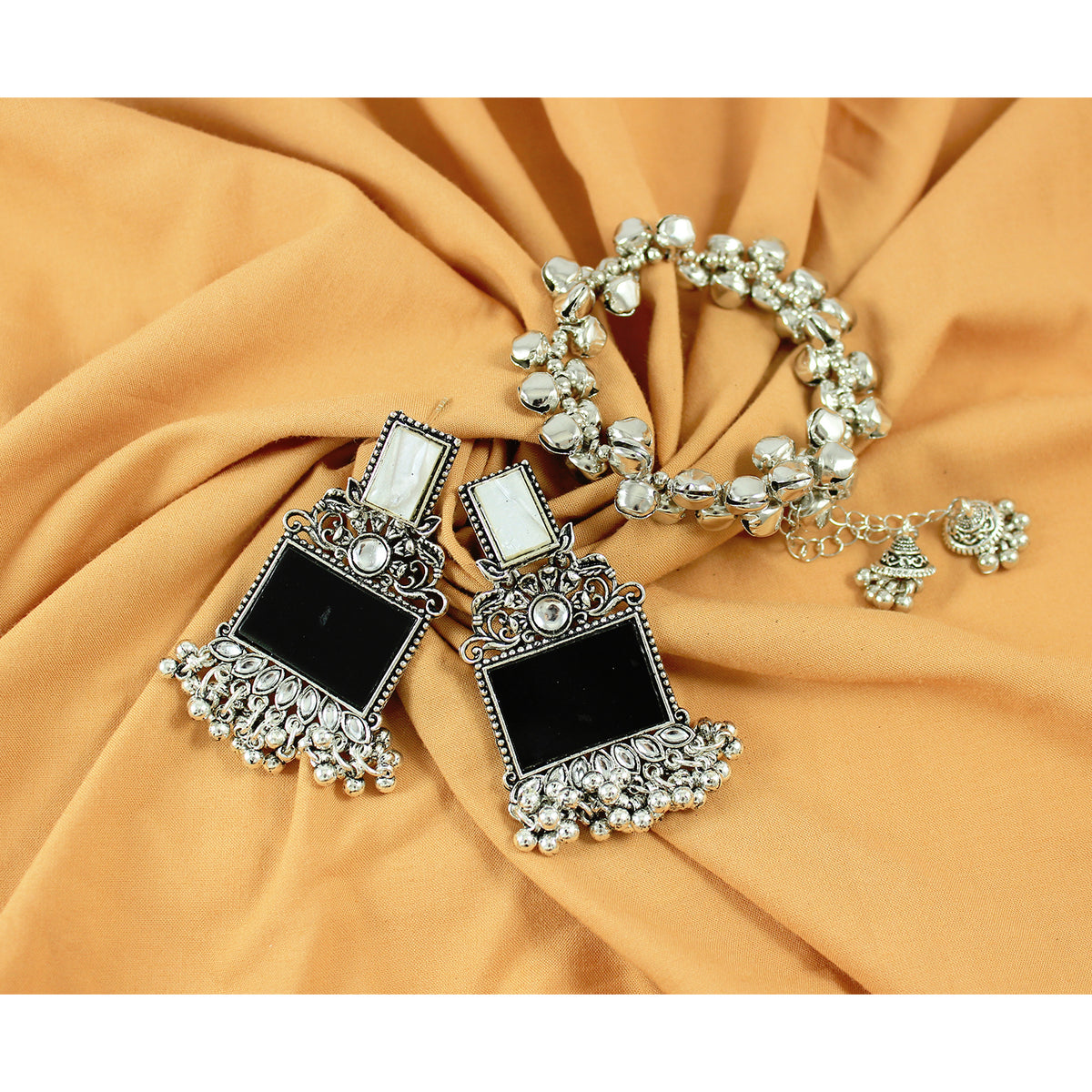 JFL - Jewellery for Less Navratri Special Combo of Oxidised Acrylic Mother of Pearl and Kundan Studded Statement Earrings with Ghungroo Bracelet for Women & Girls. (Black)