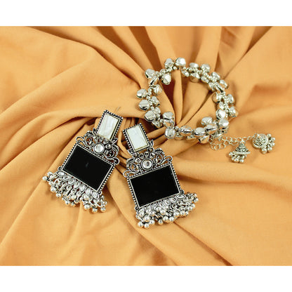JFL - Jewellery for Less Navratri Special Combo of Oxidised Acrylic Mother of Pearl and Kundan Studded Statement Earrings with Ghungroo Bracelet for Women & Girls. (Black)