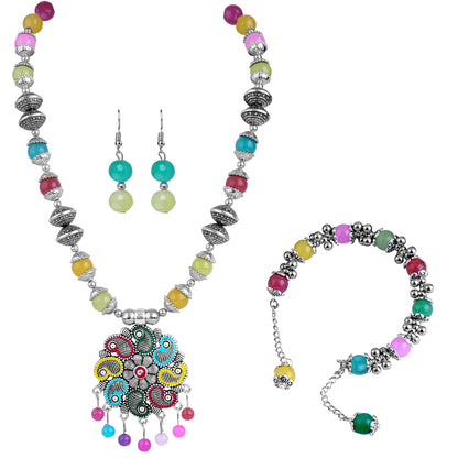 JFL - Jewellery for Less Combo Stylish Oxidised Silver Plated Floral Pendant Multi Colour Beaded Necklace Set with Bracelet for Women and Girls.(Navratri Special)
