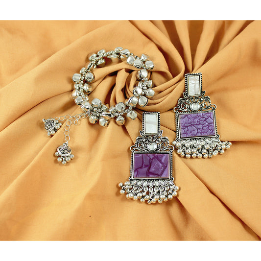 JFL - Jewellery for Less Navratri Special Combo of Oxidised Acrylic Mother of Pearl and Kundan Studded Statement Earrings with Ghungroo Bracelet for Women & Girls. (Royal Purple)