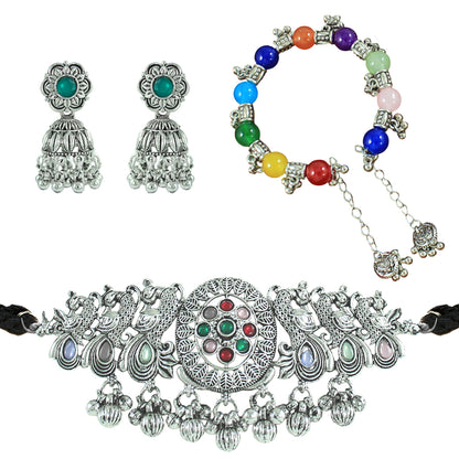 JFL - Jewellery for Less Ethnic Combo of Oxidised Silver Plated Peacock Design Choker Necklac Set with Multicolor Beaded Bracelet for Women & Girls (Navratri Special)